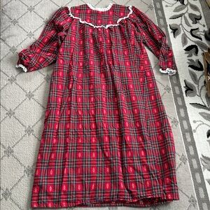 L.L. Bean Vintage Red Plaid Flannel Nightgown with White Trim